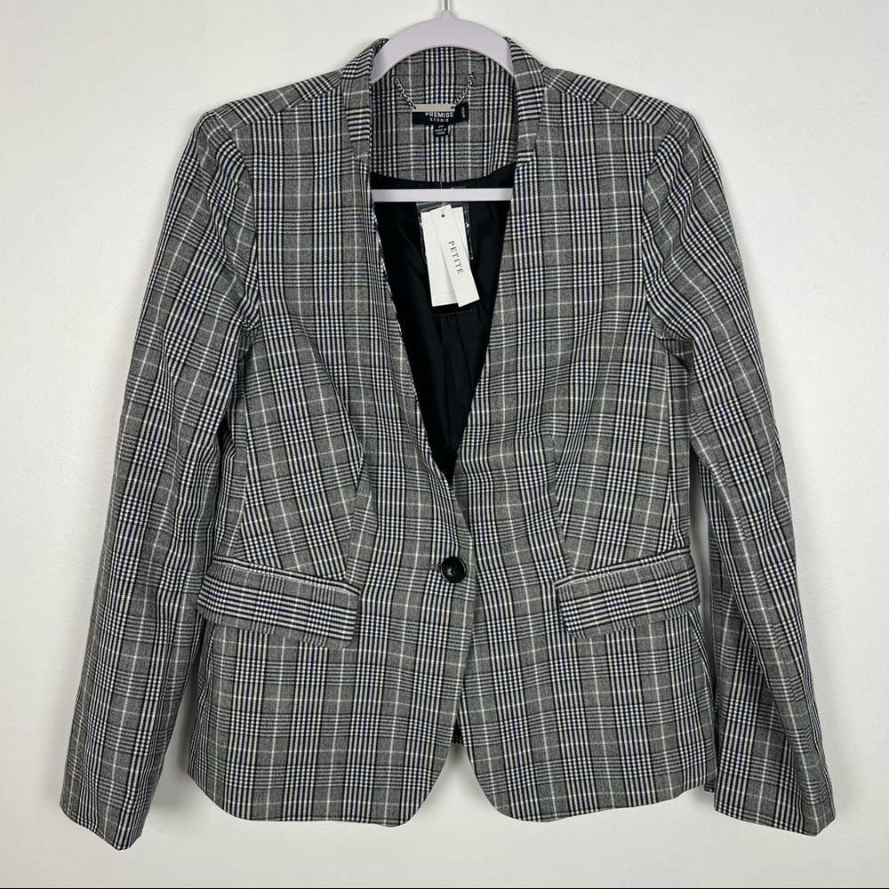 Premise Studio NWT Plaid Blazer Black Blue White Single Button Size Petite 2